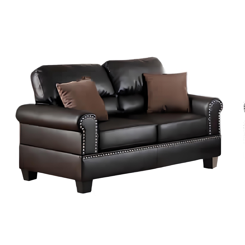 Benjara 2 Pc Sofa and Loveseat Set- Espresso Brown Faux Leather- Nailhead Trim