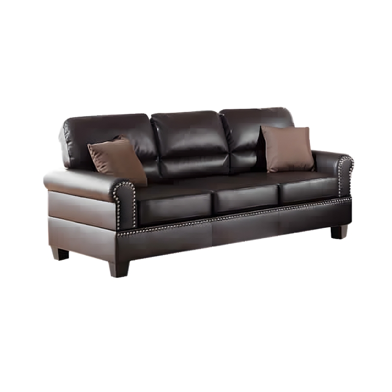 Benjara 2 Pc Sofa and Loveseat Set- Espresso Brown Faux Leather- Nailhead Trim