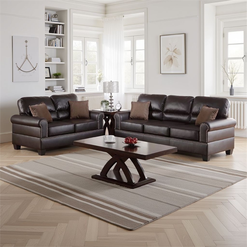 Benjara 2 Pc Sofa and Loveseat Set- Espresso Brown Faux Leather- Nailhead Trim