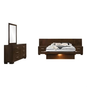 Benjara Bela 5 Piece Wall Panel Queen Bedroom Set- LED- Dark Brown