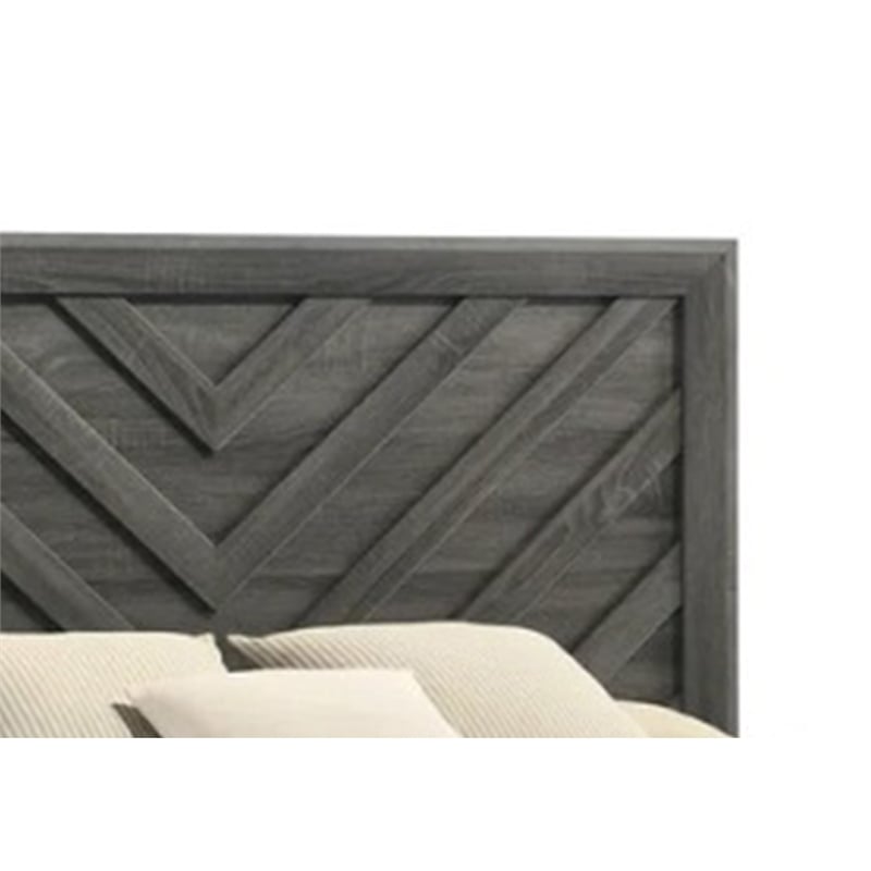 Benjara Velz King Size Bed w Chevron Patterned Headboard- Dark Gray Wood