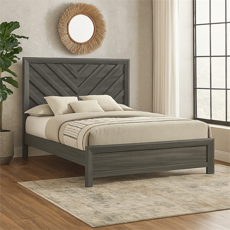 Benjara Velz King Size Bed w Chevron Patterned Headboard- Dark Gray Wood