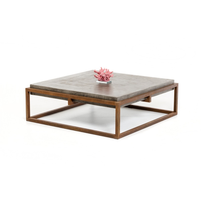 Benjara Square Shape Rustic Steel Framed Coffee Table w/ Concrete Top-Brown/Gray