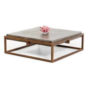Benjara Square Shape Rustic Steel Framed Coffee Table w/ Concrete Top-Brown/Gray
