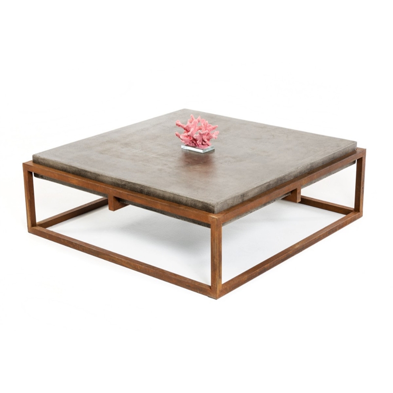Benjara Square Shape Rustic Steel Framed Coffee Table w/ Concrete Top-Brown/Gray