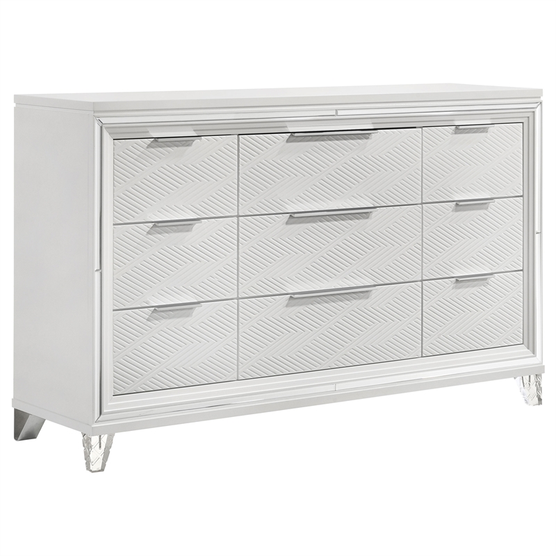 Benjara Mory 5pc Queen Bedroom Set- Herringbone Graphic Pattern- LED- White