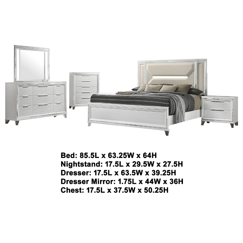 Benjara Mory 5pc Queen Bedroom Set- Herringbone Graphic Pattern- LED- White