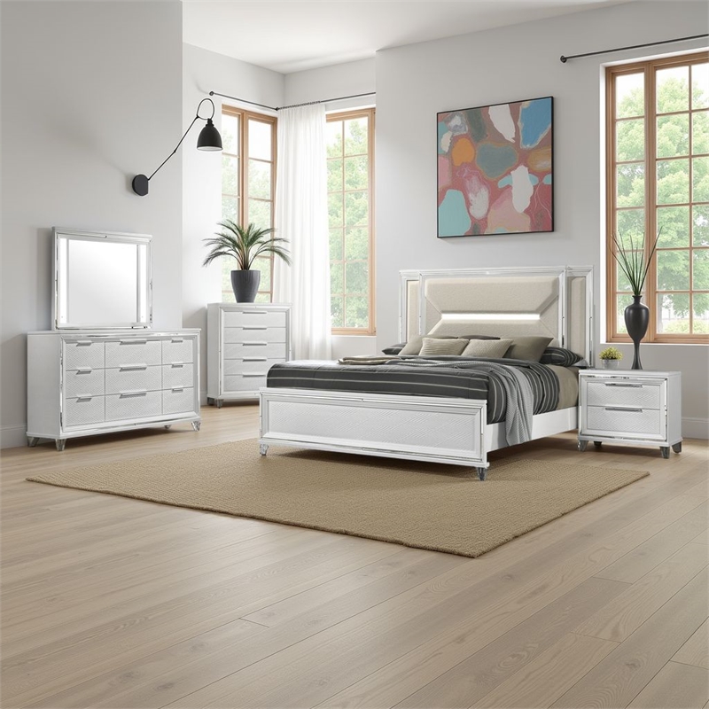 Benjara Mory 5pc Queen Bedroom Set- Herringbone Graphic Pattern- LED- White