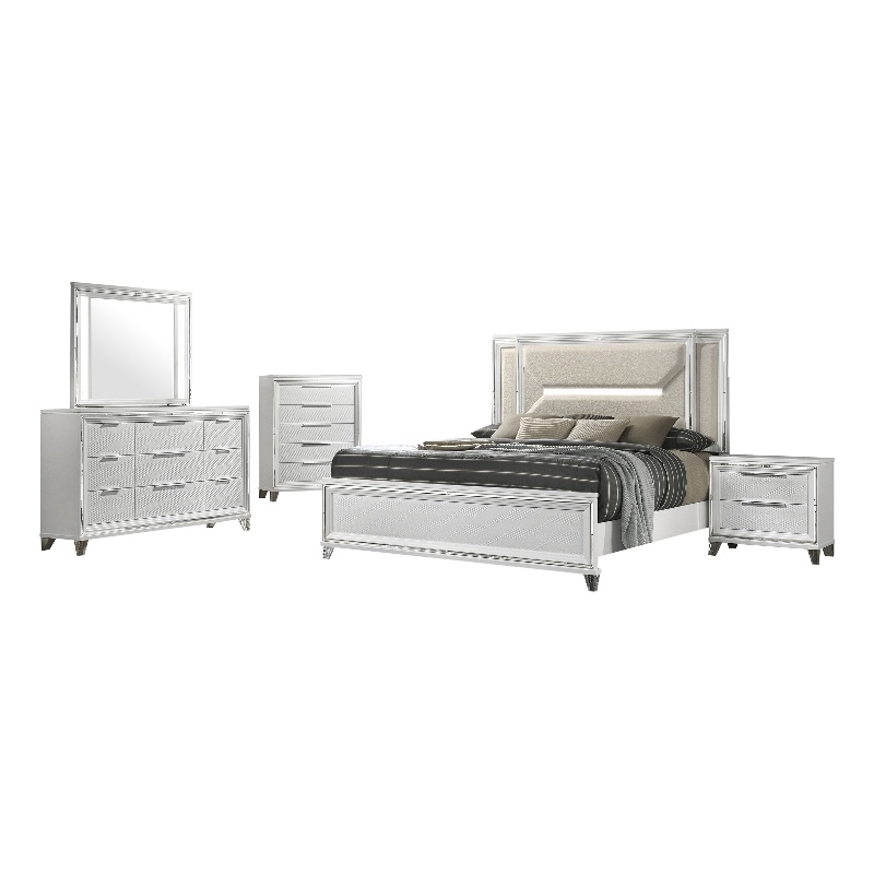 Benjara Mory 5pc Queen Bedroom Set- Herringbone Graphic Pattern- LED- White