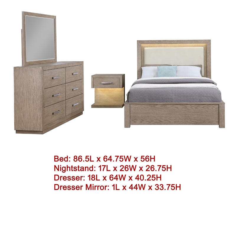 Benjara Keno 4pc Queen Bedroom Set- Underbed Storage- LED- Beige Upholstered