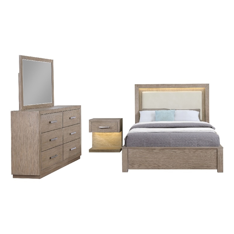 Benjara Keno 4pc Queen Bedroom Set- Underbed Storage- LED- Beige Upholstered