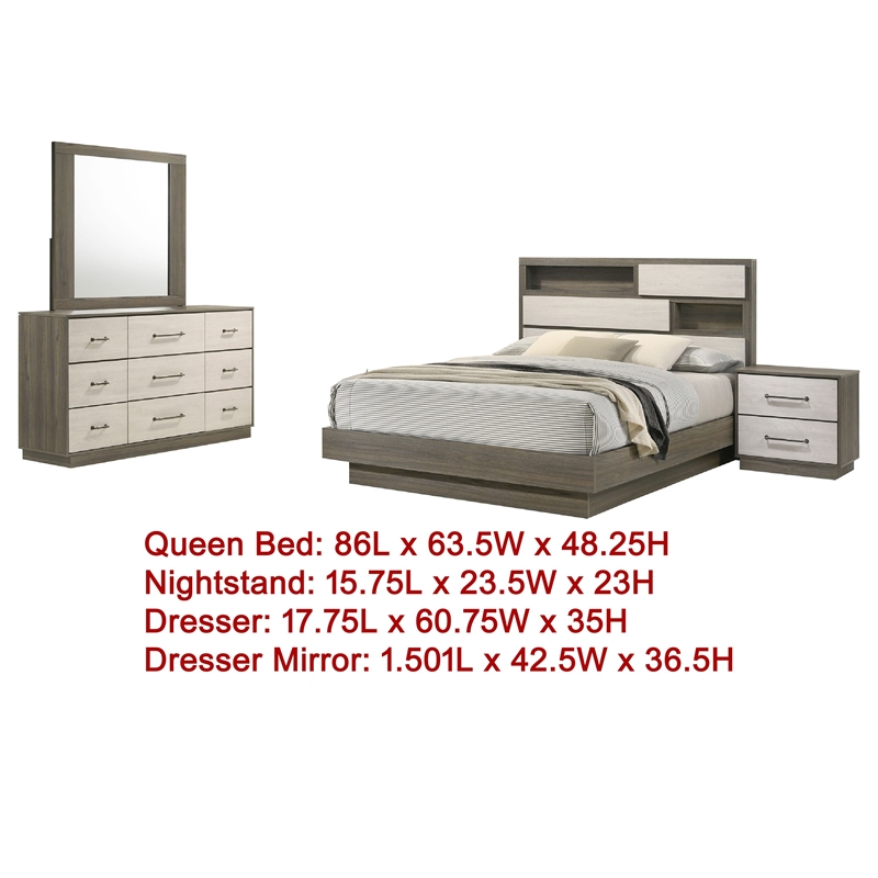 Benjara Fene 4pc Queen Bedroom Set- Gray- Brown- Built In Headboard Bookcase
