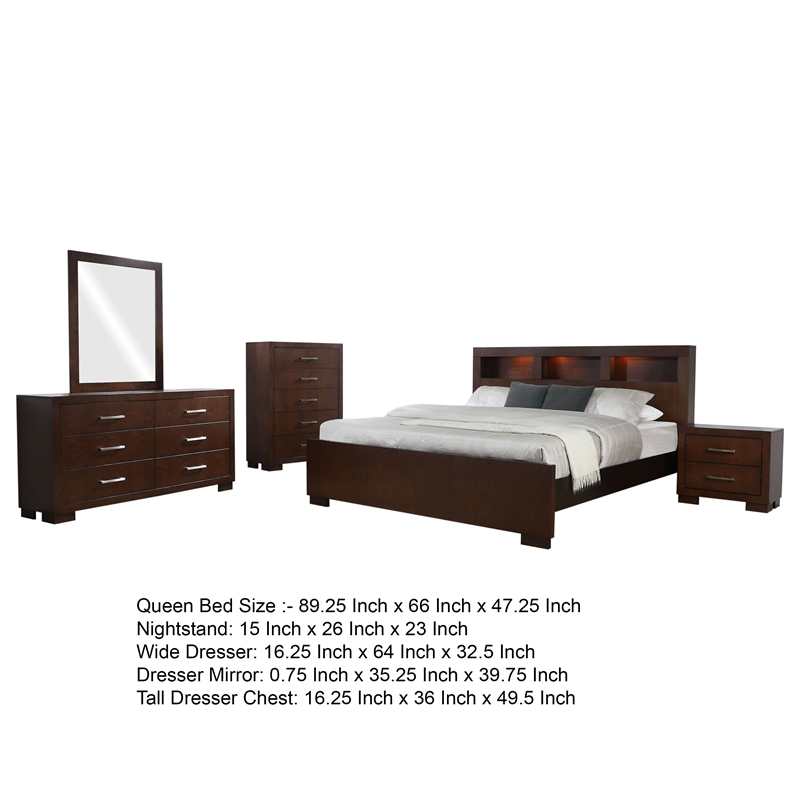 Benjara Bela 5 Piece Queen Bedroom Set- Bookcase Headboard- Dark Brown Wood