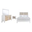Benjara Heo 4pc Queen Bedroom Set- Rattan Woven Drawer- Brown Fabric- White