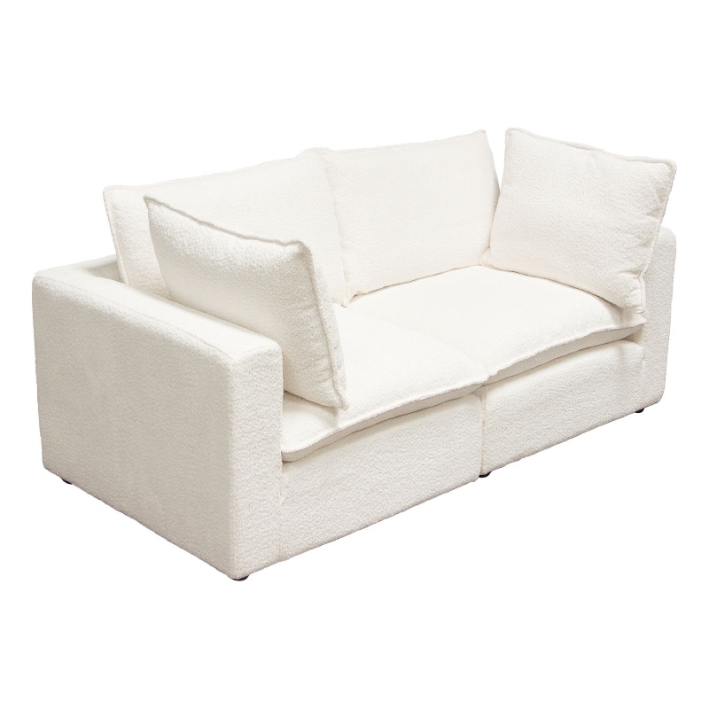 Benjara Agg 2pc Modular Sofa- Ivory Faux Shearing Fabric- 2 Accent Pillows
