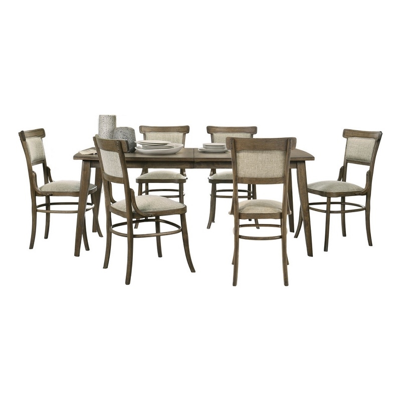 Benjara 7 PC Wood Dining Table Set- Rectangular Top- Padded Chairs- Brown Beige