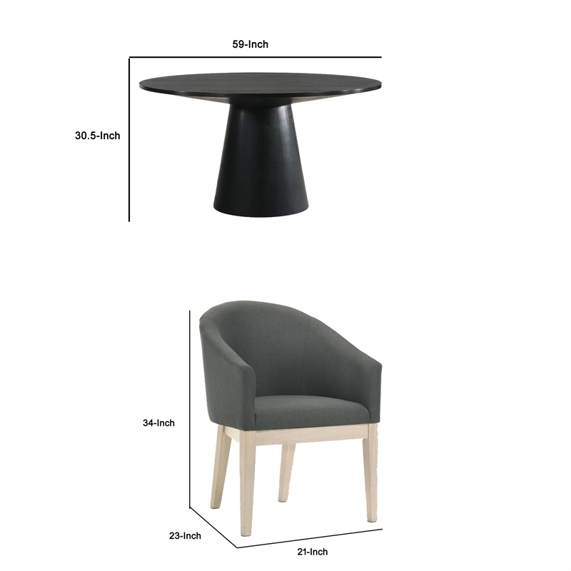 Benjara 5 Piece Round Dining Table Set- Padded Curved Armchairs- Gray and Beige