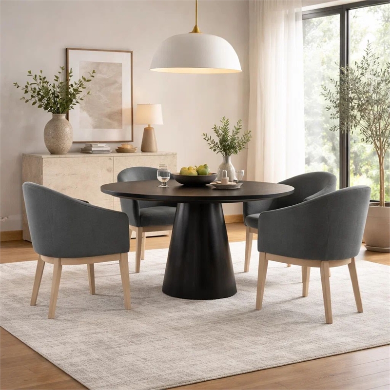 Benjara 5 Piece Round Dining Table Set- Padded Curved Armchairs- Gray and Beige