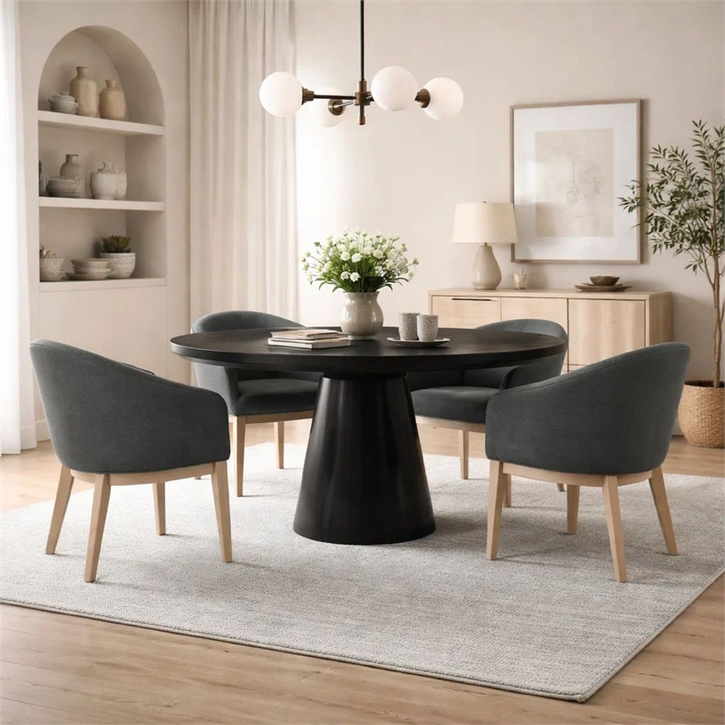 Benjara 5 Piece Round Dining Table Set- Padded Curved Armchairs- Gray and Beige