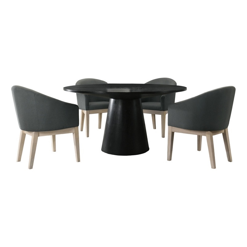 Benjara 5 Piece Round Dining Table Set- Padded Curved Armchairs- Gray and Beige