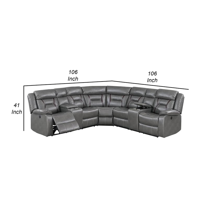 Benjara Lof Power Reclining Sectional Sofa Set- USB Port- Gray Gel Faux Leather