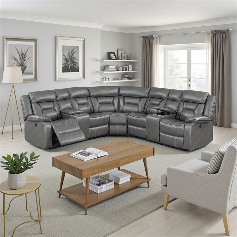 Benjara Lof Power Reclining Sectional Sofa Set- USB Port- Gray Gel Faux Leather