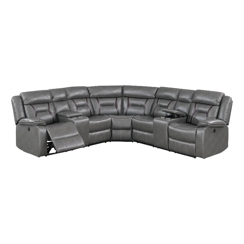Benjara Lof Power Reclining Sectional Sofa Set- USB Port- Gray Gel Faux Leather