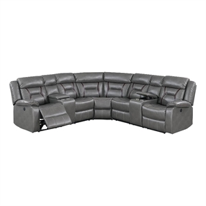 Benjara Lof Power Reclining Sectional Sofa Set- USB Port- Gray Gel Faux Leather
