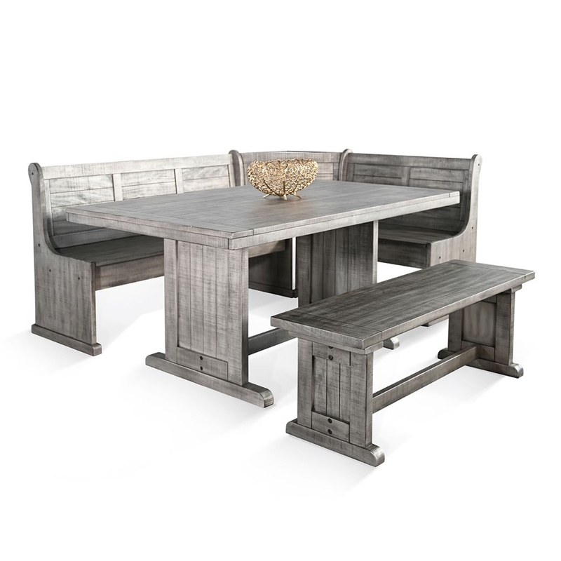 Benjara Zeka 4pc Breakfast Nook Dining with Storage Bench Set-Gray Mahogany Wood