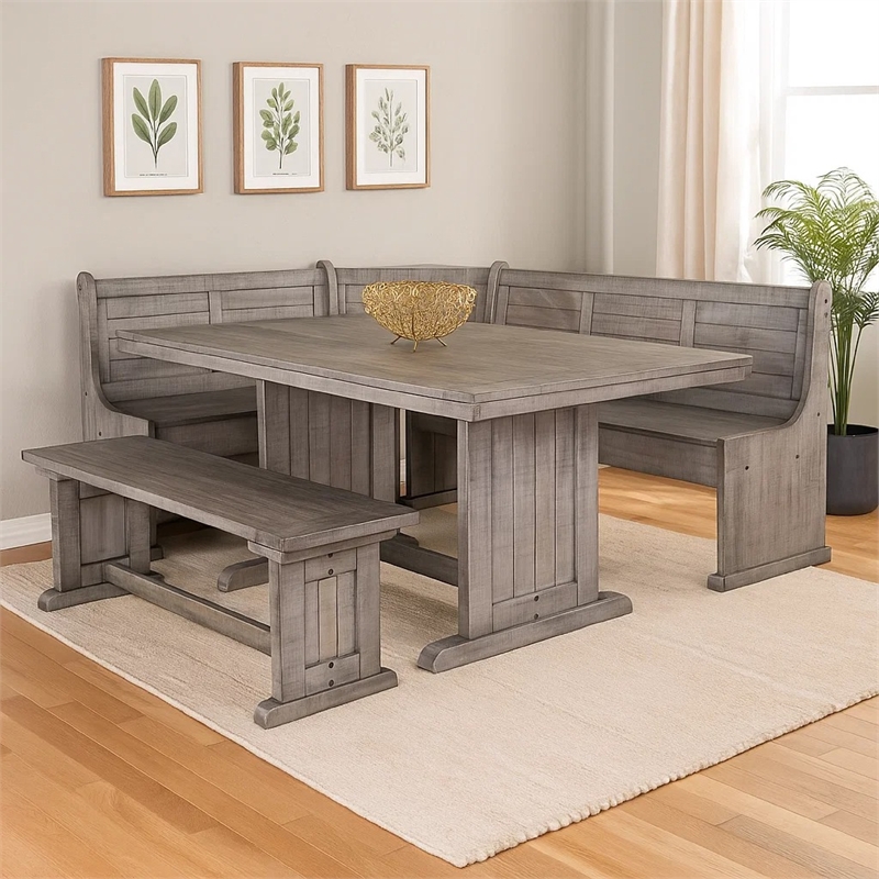 Benjara Zeka 4pc Breakfast Nook Dining with Storage Bench Set-Gray Mahogany Wood