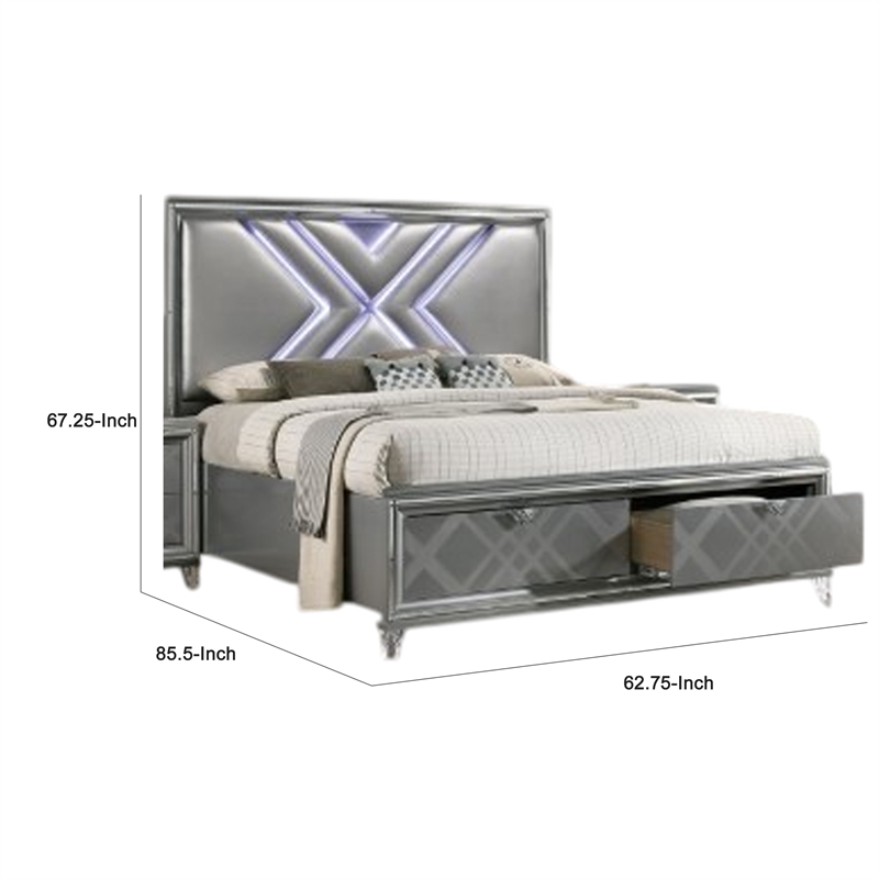 Benjara Lin Queen Size Bed w LED- Footboard Storage Drawers- Silver Upholstery