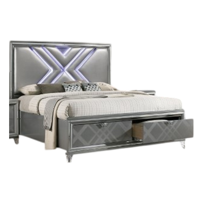 Benjara Lin Queen Size Bed w LED- Footboard Storage Drawers- Silver Upholstery