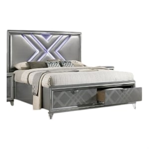 Benjara Lin Queen Size Bed w LED- Footboard Storage Drawers- Silver Upholstery