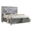 Benjara Lin Queen Size Bed w LED- Footboard Storage Drawers- Silver Upholstery