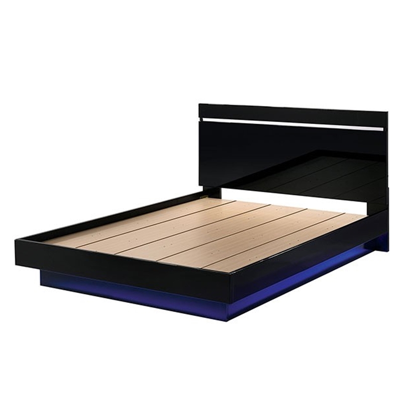 Benjara Pero King Size Bed w Silver Trimmed Headboard- LED Footboard- Black