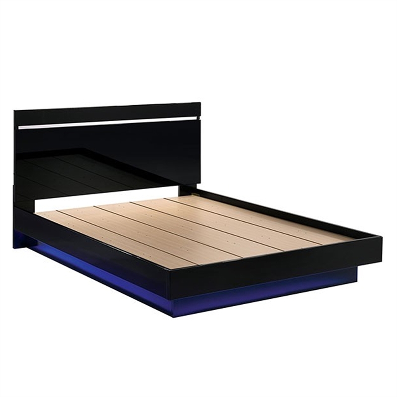 Benjara Pero King Size Bed w Silver Trimmed Headboard- LED Footboard- Black