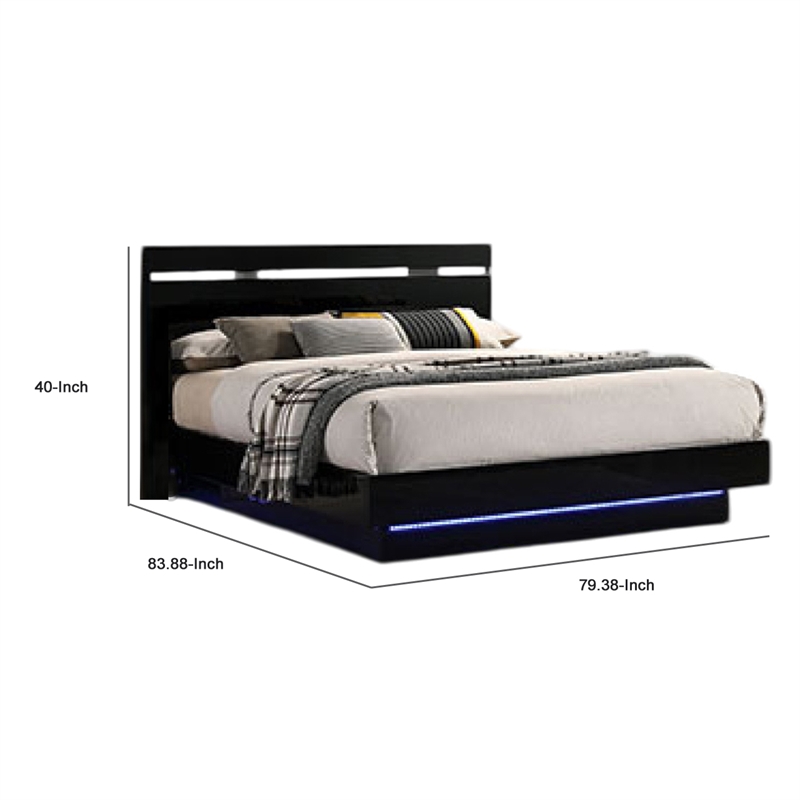 Benjara Pero King Size Bed w Silver Trimmed Headboard- LED Footboard- Black