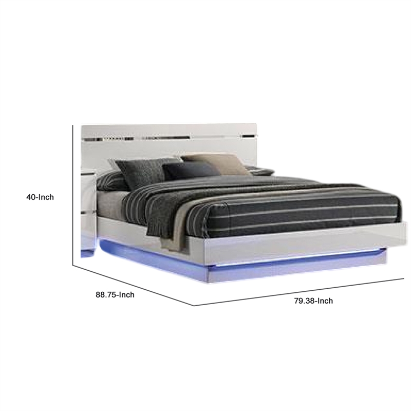 Benjara Pero King Size Bed w Silver Trimmed Headboard- LED Footboard- White