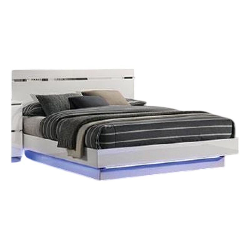 Benjara Pero King Size Bed w Silver Trimmed Headboard- LED Footboard- White
