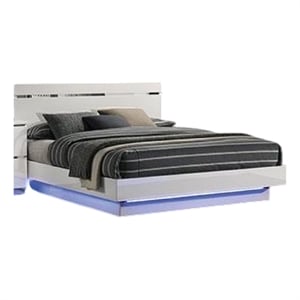 Benjara Pero King Size Bed w Silver Trimmed Headboard- LED Footboard- White