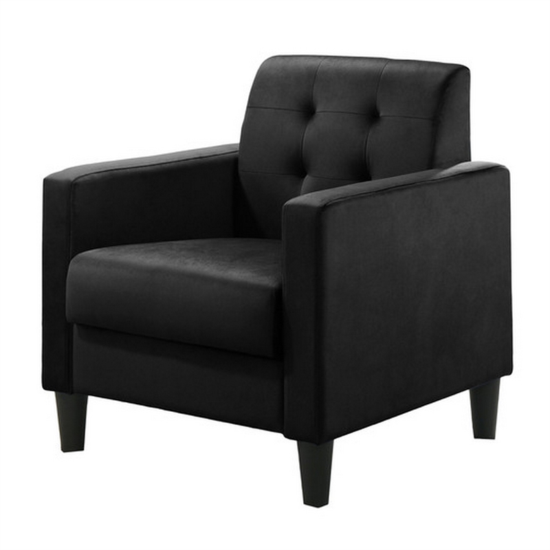 Benjara Oz Living Room Set with 2 Velvet Armchairs- Wood Accent End Table- Black