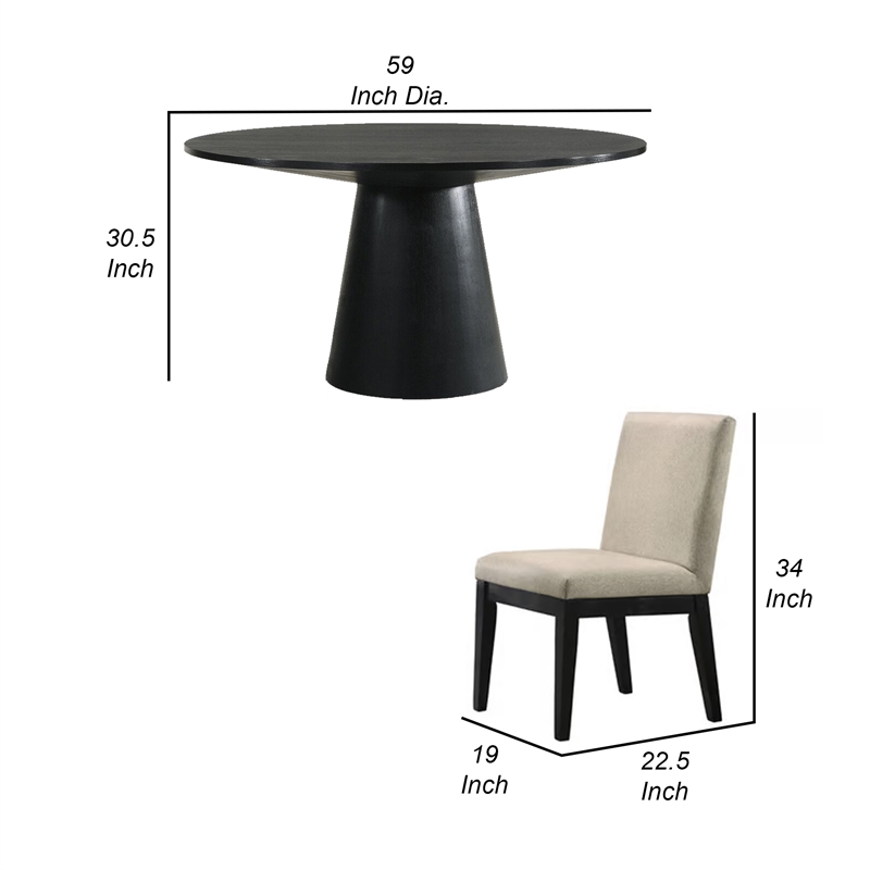 Benjara Kiy 5pc Black Dining Table Set with 4 Ergonomic Chairs- Beige Upholstery