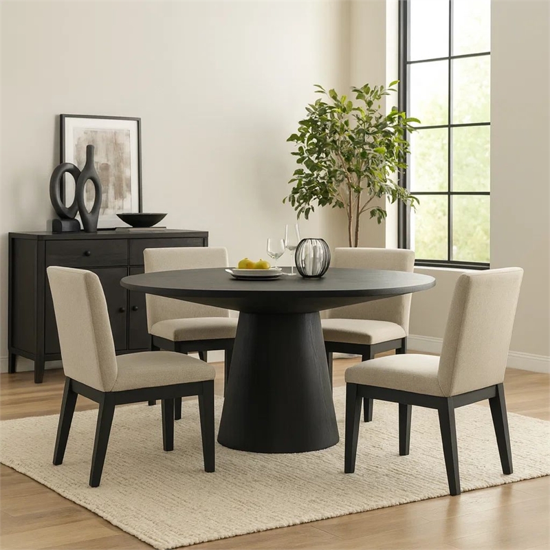 Benjara Kiy 5pc Black Dining Table Set with 4 Ergonomic Chairs- Beige Upholstery