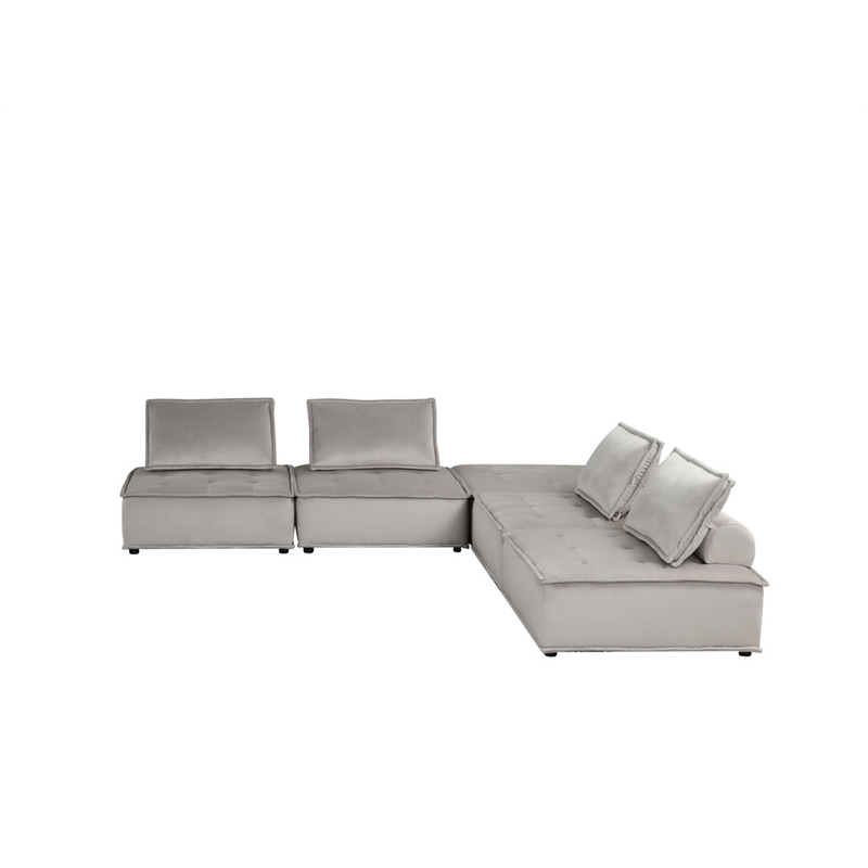 Benjara Alaya 5pc Modular Sectional Sofa with 2 Ottomans- Gray Velvet Upholstery