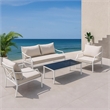 Benjara 3 Piece Outdoor Sofa Set with Table- Beige and White