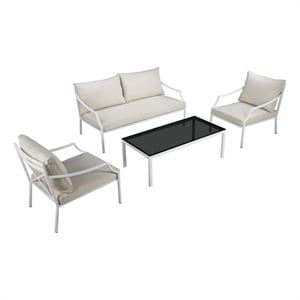 Benjara 3 Piece Outdoor Sofa Set with Table- Beige and White