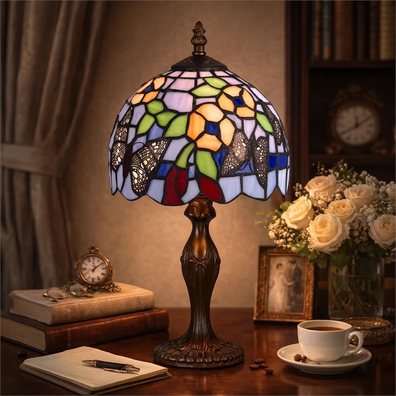 Benjara Metal Body Table Lamp with Butterfly Design Shade- Multicolor