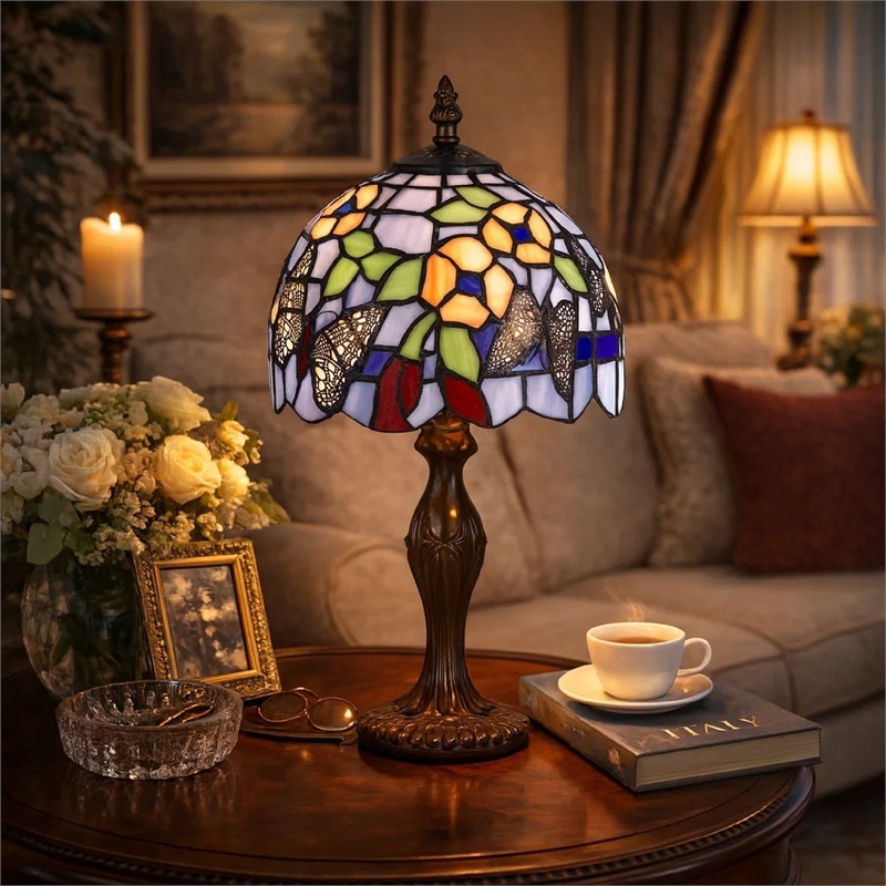 Benjara Metal Body Table Lamp with Butterfly Design Shade- Multicolor
