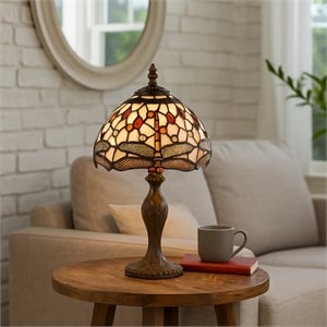 Benjara Metal Body Table Lamp with Dragonfly Design Shade- Multicolor