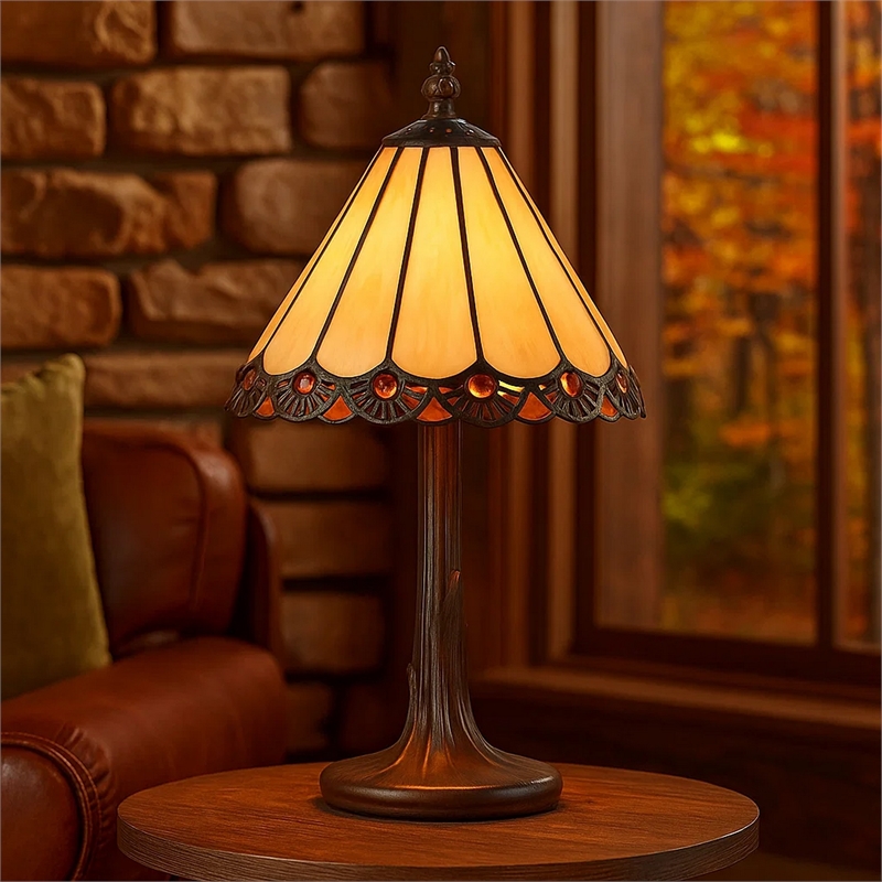 Benjara Tree Like Metal Body Table lamp with Conl Shade-Bronze/Beige